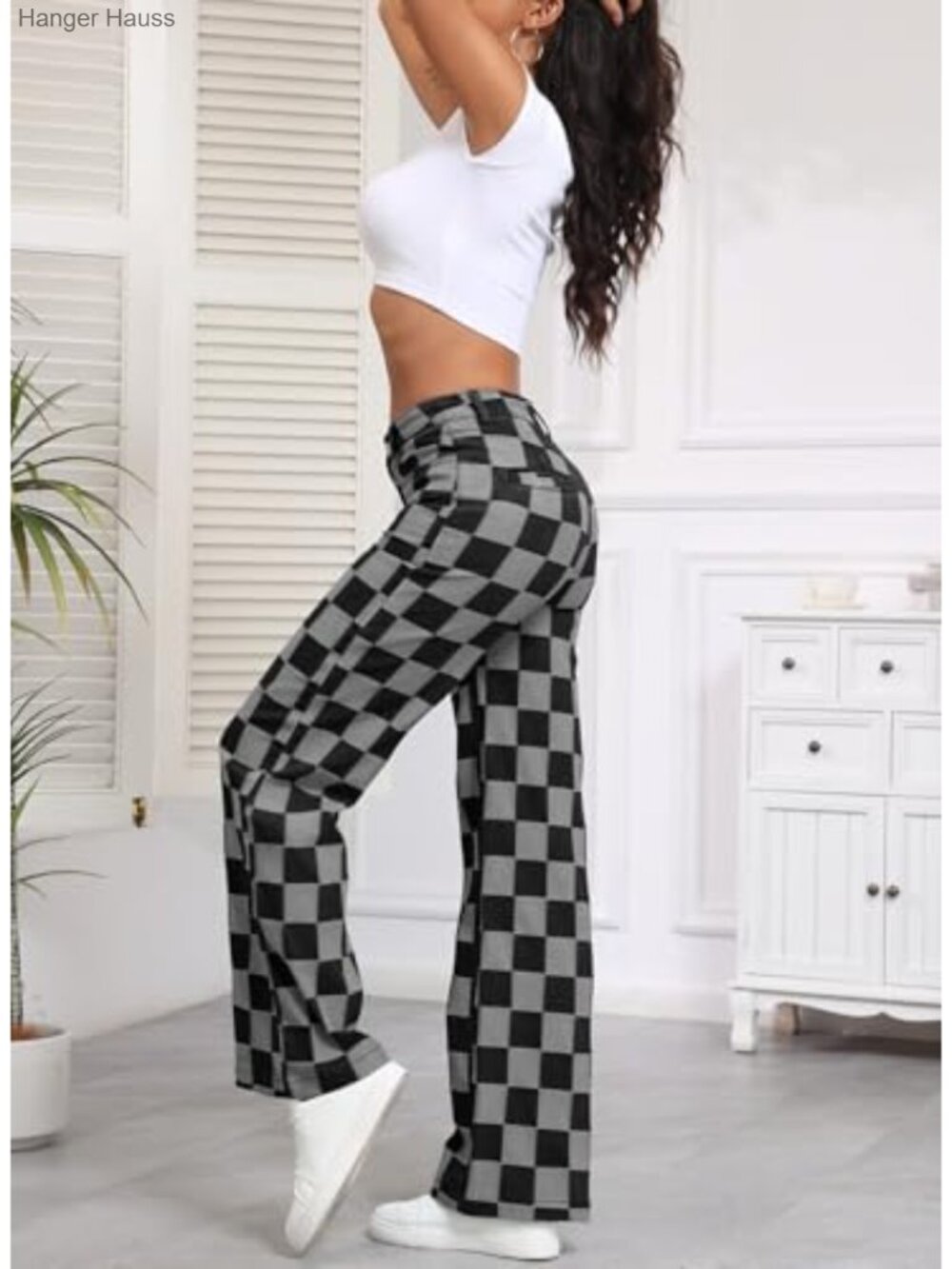 High Waisted Wide Leg Checkered Denim Jeans Stretch Straight Leg Pants - Picture 5 of 6